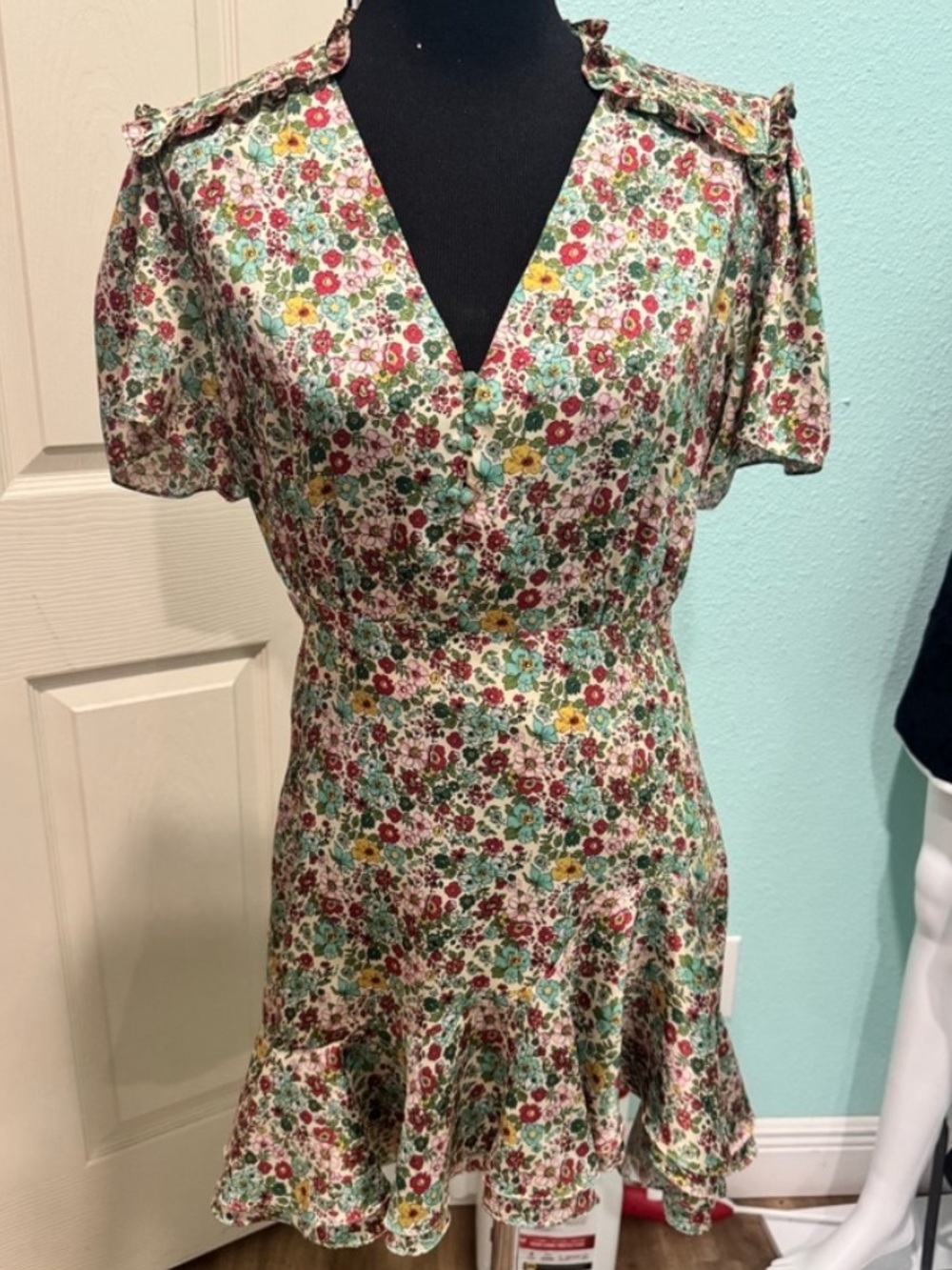 Sandro Floral Mini Dress in Green, Red, Yellow - Picture 10 of 10